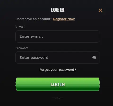 Écran de connexion Wildsino pour un accès facile au compte